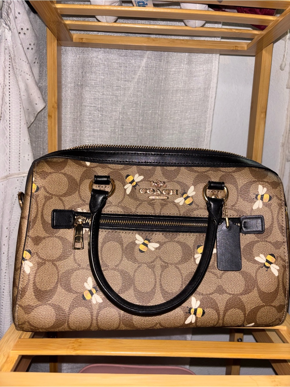 Coach Brown Monogram Satchel with Bee Print and Black Trim